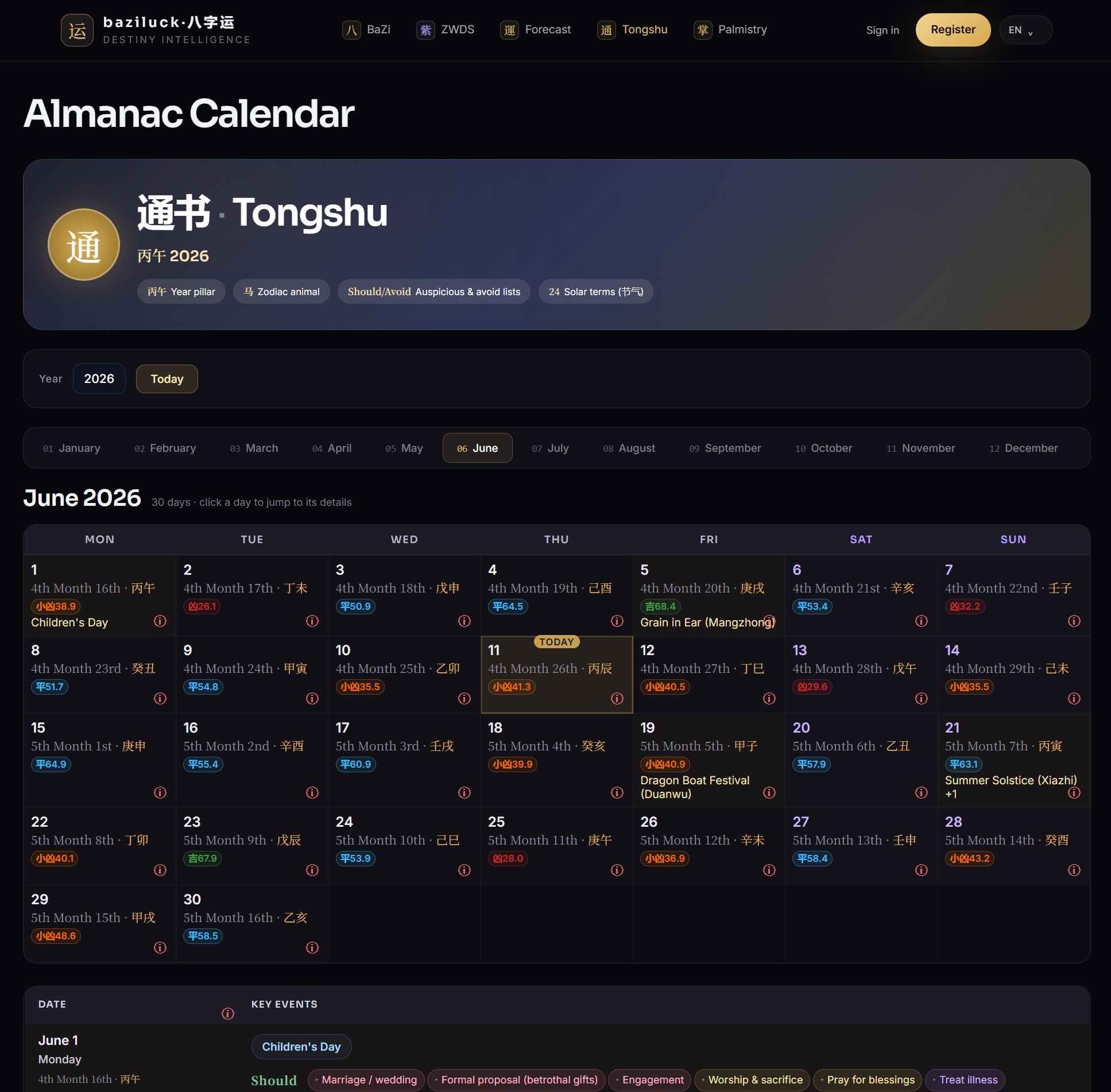 Tongshu 通书 Chinese almanac calendar with solar terms and lunar dates